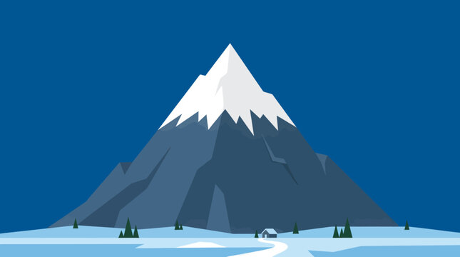 Snowy mountain landscape with illustration of peak and trees in winter