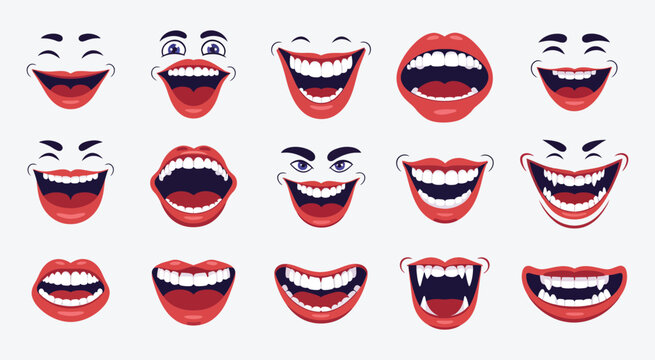 Scary Clown Mouths and Grins with Sharp Teeth, Creepy Horror Smile Expressions Set for Halloween Design, Evil Circus Faces Vector Illustration