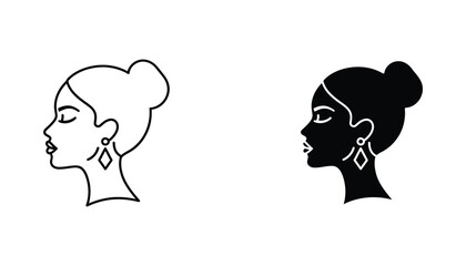 Profile portrait of beautiful woman with bun hairstyle and geometric earrings in line art and solid black silhouette for beauty branding © Mark