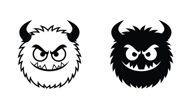 Angry horned monster head mascot icon in bold flat black and white vector style