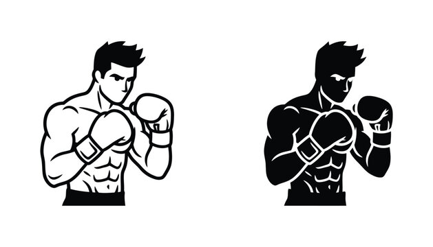 Muscular boxer in fighting stance with gloves in line art and solid black silhouette for fitness and combat sports branding