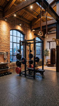 Industrial Loft Home Gym with Exposed Brick Walls Rogue Power Rack Gymnastic Rings and Heavy Punching Bag