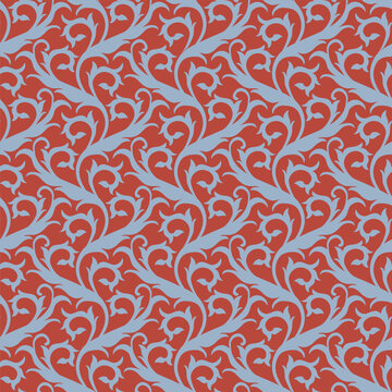 Red Blue Scrolling Vine Floral Pattern