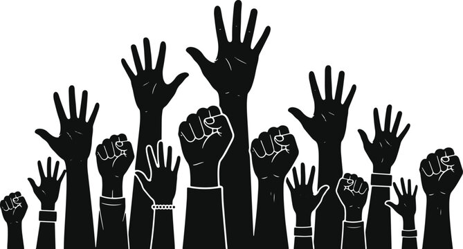 Diverse hands and fists raised in unity and solidarity for protest or demonstration and social justice movement for equality.
