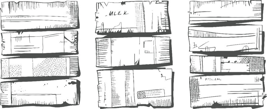 Stacked rough wood planks with hand drawn lines dots and text fragments timber textured