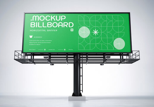 Black Billboard Mockup. Outdoor Advertising Display, 3D Render Template, Frontal Angle View