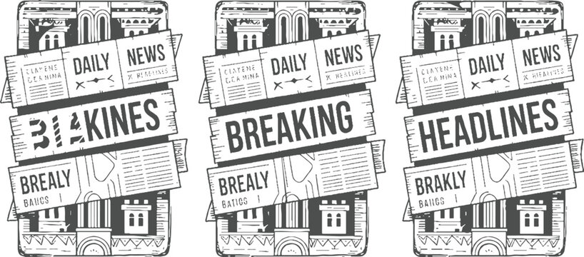 Three overlapping newspaper headlines with architectural and text in a monochrome style breaking daily