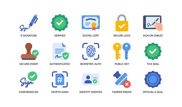 Digital signature and authentication icons displayed on white