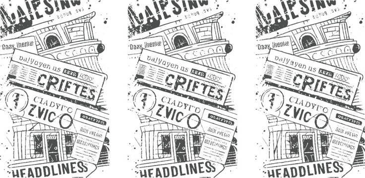 Stylized black and white of stacked newspapers with bold headlines and architectural print text vintage