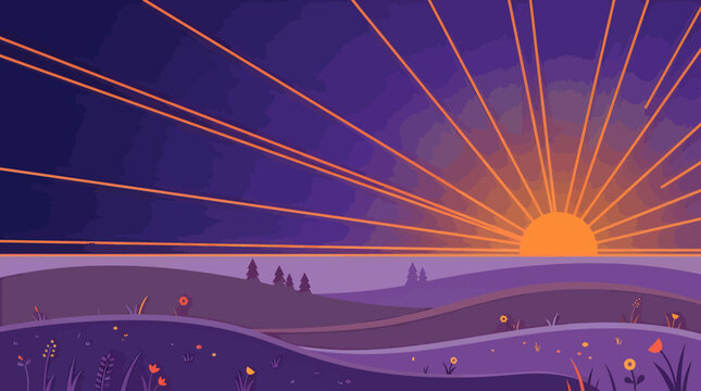 Vibrant sunset occurs over rolling hills with trees and flowers in a natural landscape scene.