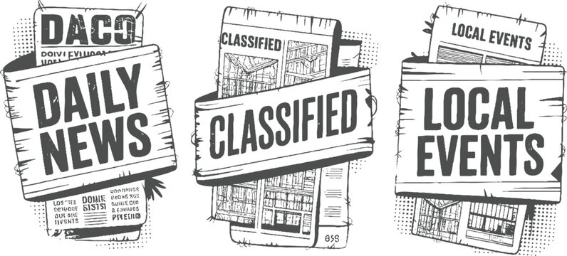 Three vintage newspaper sections daily news classifieds and local events in grayscale
