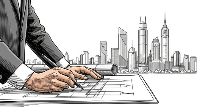 Businessman working on architectural plans.
