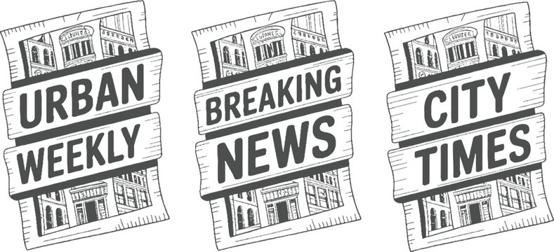 Three newspaper mastheads with urban building and text urban weekly breaking news city times