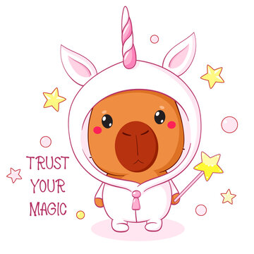 Vector card with cute capybara in costume of unicorn. Inscription Trust your magic. Can be used for t-shirt print, badge, affirmation for kids playroom, nursery. Sticker with inspirational quote