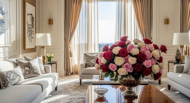 Luxury living room with bouquet of roses on coffee table