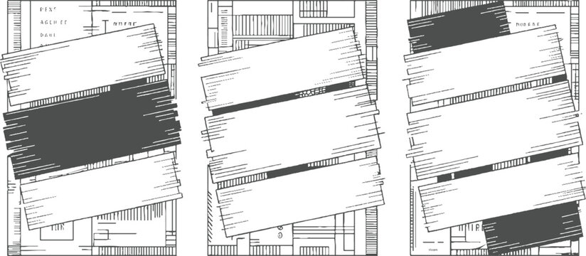 Three abstract line panels with overlapping tilted rectangles and shaded areas