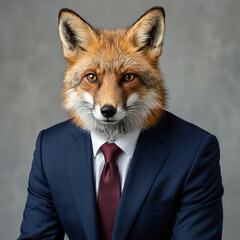 Fototapeta premium Professional photorealistic portrait of a red fox wearing a navy business suit and burgundy tie against a neutral gray studio background with soft lighting