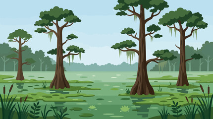 Fototapeta premium A serene landscape of trees standing in a swampy wetland area with lush greenery and plants.
