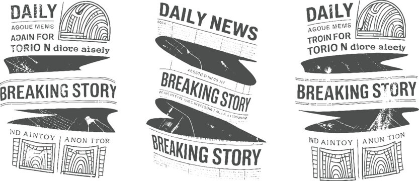 Three dark grey newspaper clippings with the words d a i l y n e w s and b r e a k i n g s t o r y in distressed font and abstract