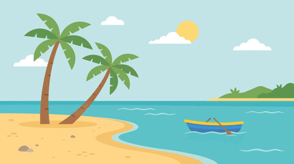 Fototapeta premium A serene beach scene with palm trees, a boat, and a sunny sky overlooking the ocean.
