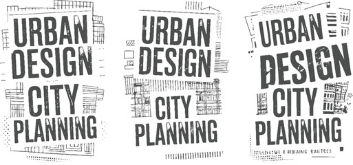 Three variations of urban city planning text with sketchy building typography © Vector point