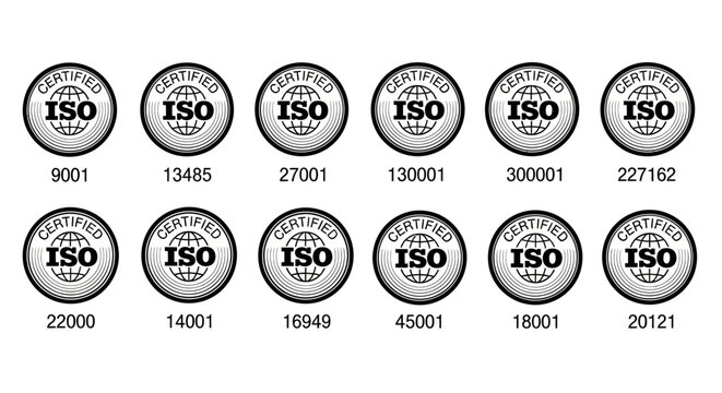 Collection of ISO certification logos representing international standards for quality management systems and various industries