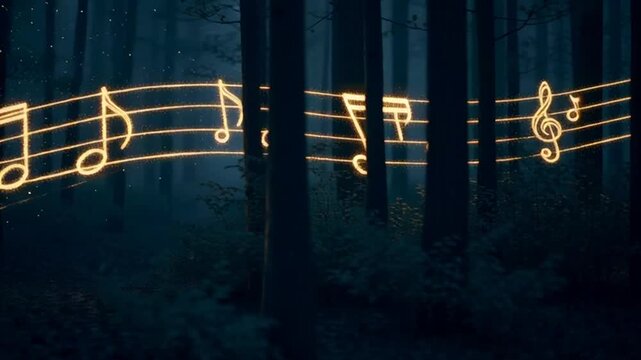 Glowing music notes on dark background.