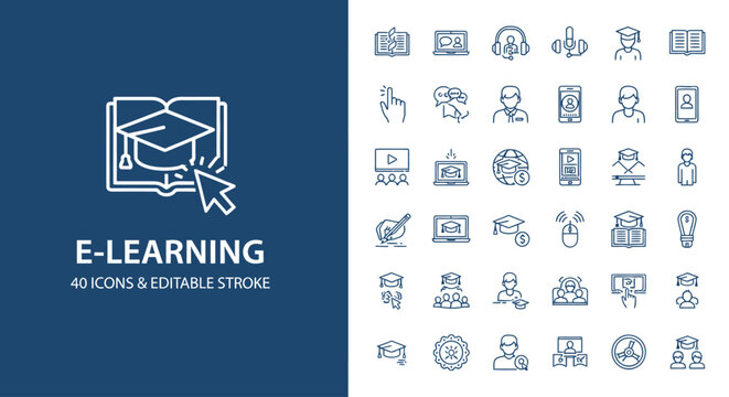 Collection of E-Learning Icons Open Book, Graduation Cap, Computer Monitor, Online Courses, and More