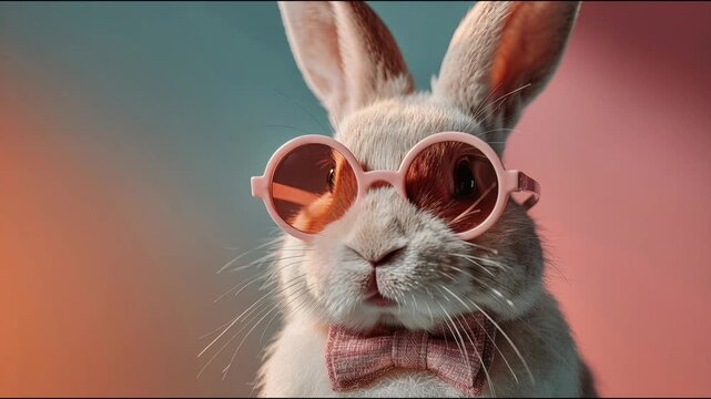 Cute bunny wearing pink glasses and bowtie looking around. Funny rabbit character with stylish accessory. Adorable animal portrait for Easter holiday concept.