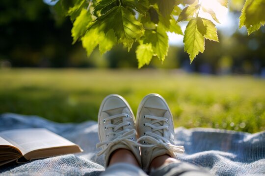 First person view of a person relaxing with a book in a park. Feet in canvas sneakers resting on a blanket on a sunny summer day