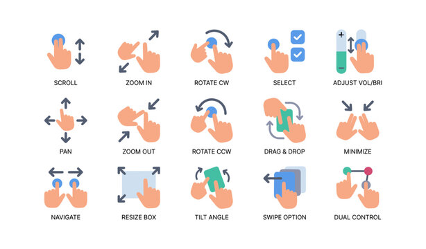 Touch gesture icons showing mobile interaction controls on white