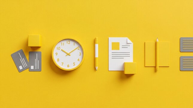 A bright yellow background with various objects arranged to spell out a word related to time and organization
