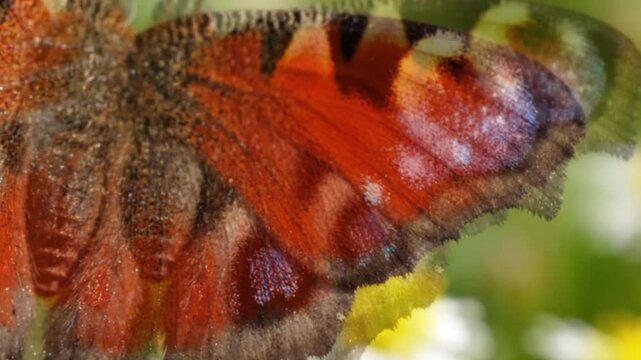 Macro close-up of vibrant butterfly wing with intricate patterns and scales, detailed nature photography