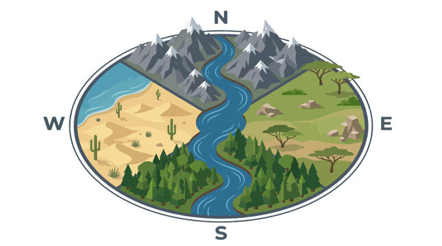 Isometric compass landscape map with four distinct nature biomes.