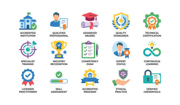 Certification and accreditation icons showing credentials on white