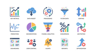 Fototapeta premium Analytics icons depicting metrics and processing on white background