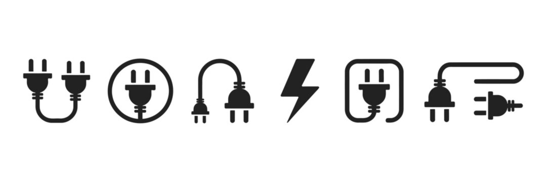 Electric Power Plug Icon Set with Electricity Wire Cord Symbols, Electrical Connection Elements for Energy Supply, Socket and Cable Signs Vector Illustration Collection