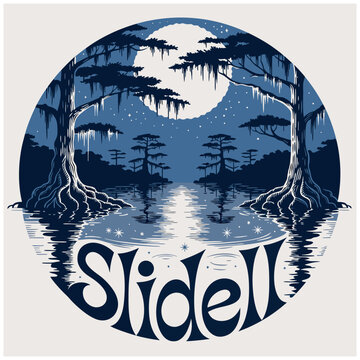 Slidell Louisiana Vintage Style Bayou Illustration, Night Swamp Scene with Cypress Trees, Full Moon and Spanish Moss in a Circular Badge Design