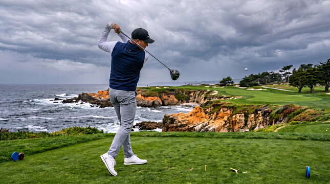 Male Golfer Completing Full Driver Swing on Dramatic Coastal Golf Course with Rocky Cliffs and Ocean
