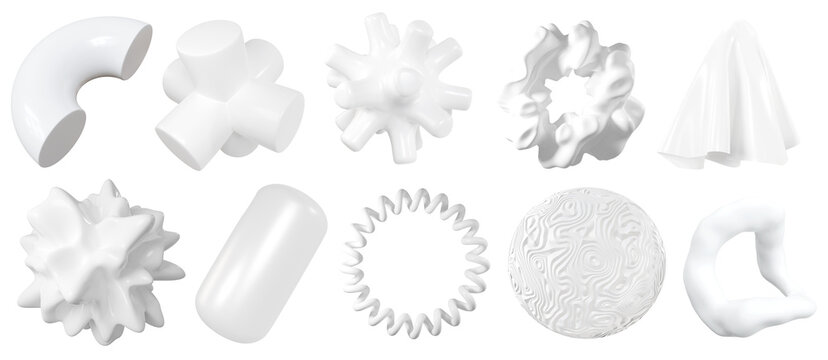 3D White playful geometric shapes set, creative graphic abstract forms pack isolated clipart. Render of basic modern illustrations