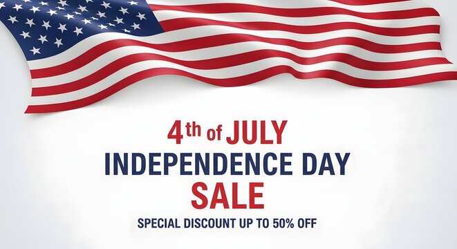 4th of july independence day sale banner with waving american flag isolated on white background