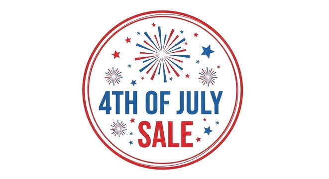 4th of july sale round badge with fireworks and stars isolated on white background