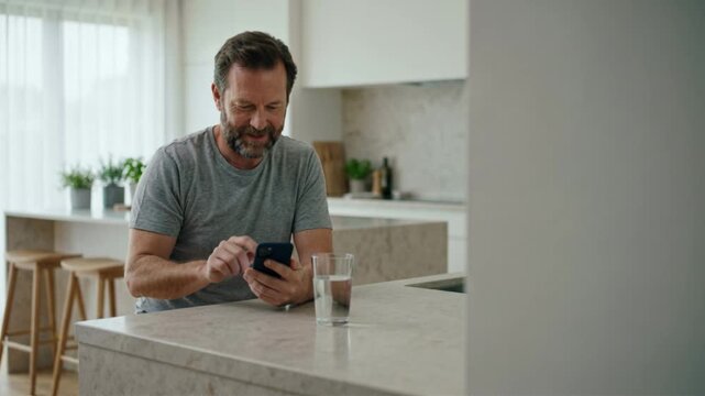 Smiling caucasian man using smartphone in modern kitchen. Middle-aged person scrolling on mobile phone, online communication, digital lifestyle.