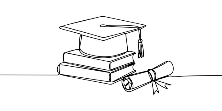 graduation continuous one line drawing, Continuous one line drawing of a graduation cap and a rolled diploma scroll representing academic success and school completion Vector, illustration