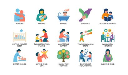 Fototapeta premium Family caregiving and child care icons shown in grid layout