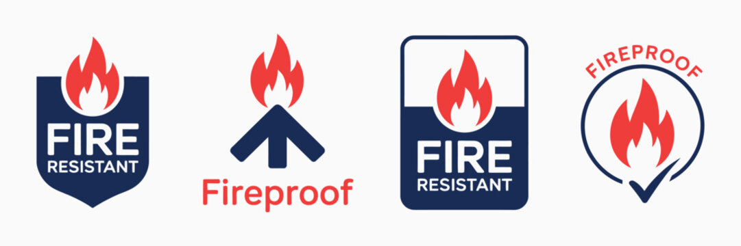 Fireproof Icon Set with Fire Resistant Symbols, Flame Protection Signs and Safety Elements for Industrial, Construction and Emergency Design Vector Illustration