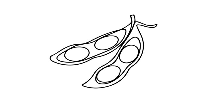 split open  continuous one line drawing, Pea pod opened displaying peas on continuous line, none editable strokes, A minimalist illustration featuring a single continuous line drawing of a cacao pod