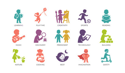 Fototapeta premium Children activity icons arranged in a grid on white background