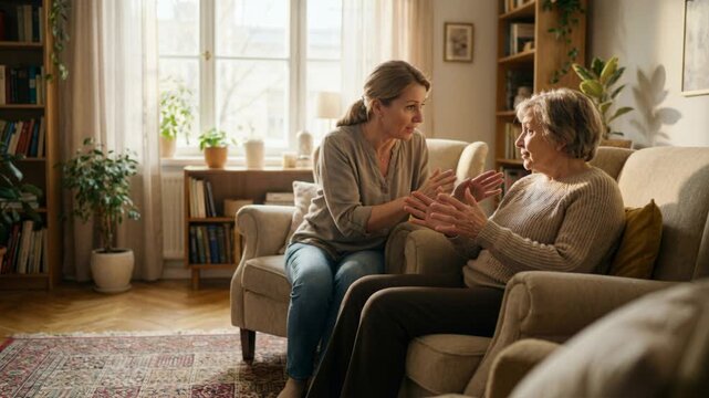 Adult woman encouraging and talking to elderly woman in living room. Family relationships and communication at home.