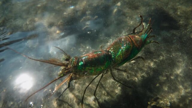 シャコ背面POV・タイドプール自然光で銅金と翠緑虹色を前進追跡